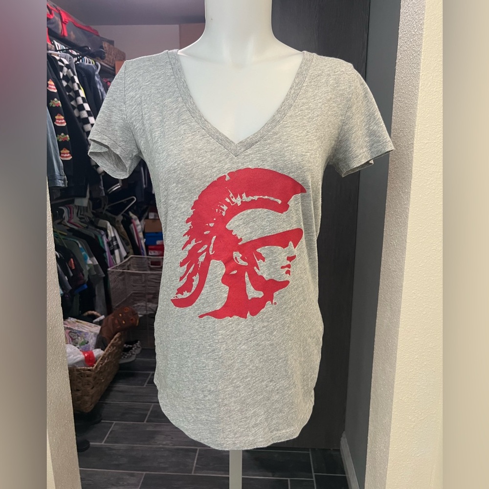 PINK with 5th & Ocean USC Trojans Gray & Red V-Neck Short Sleeve Top